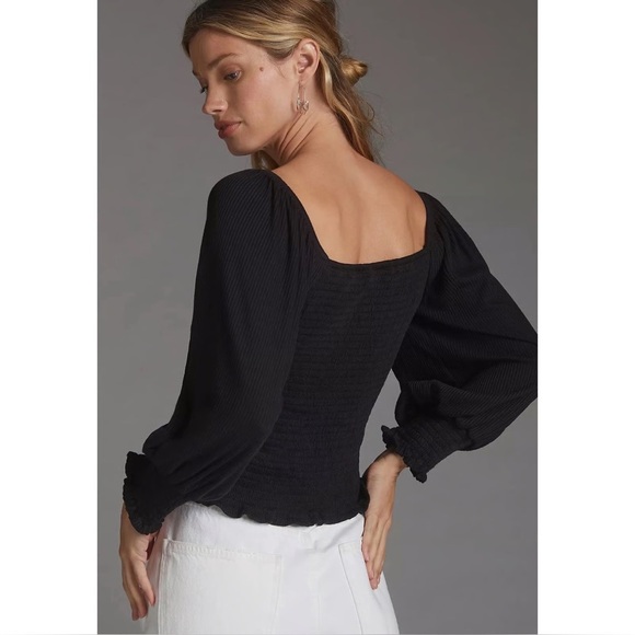 Anthropologie Smocked Puff Sleeve Black Top (Size XS) - Picture 4 of 11